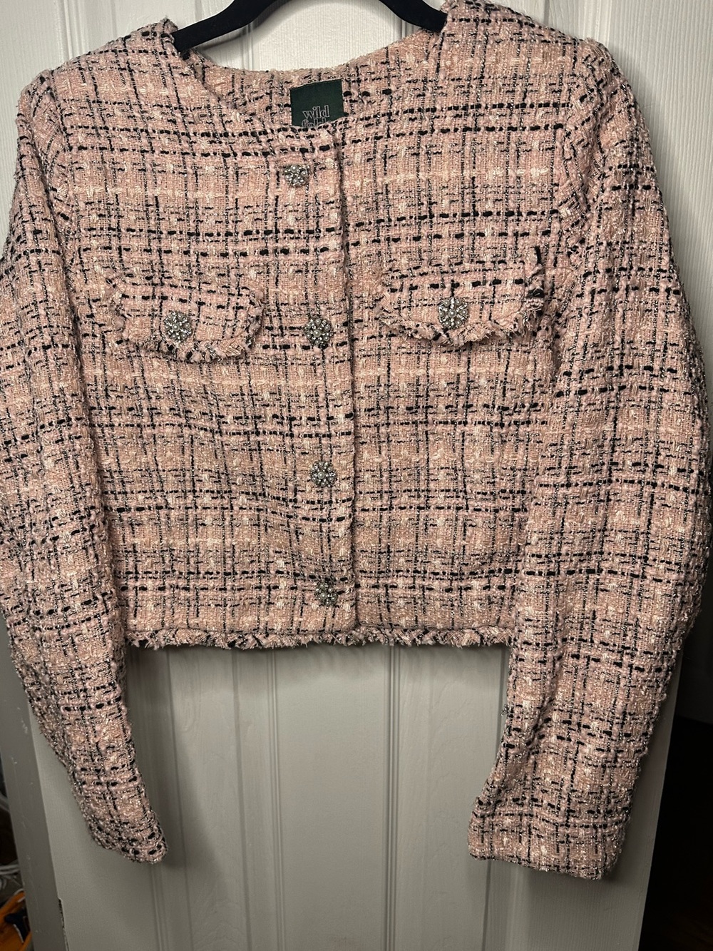 wild fable Pink Tweed Cropped Blazer with Decorative Buttons